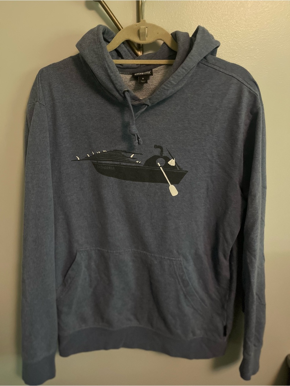Patagonia Slate Blue Pullover Hoodie with Boat Graphic